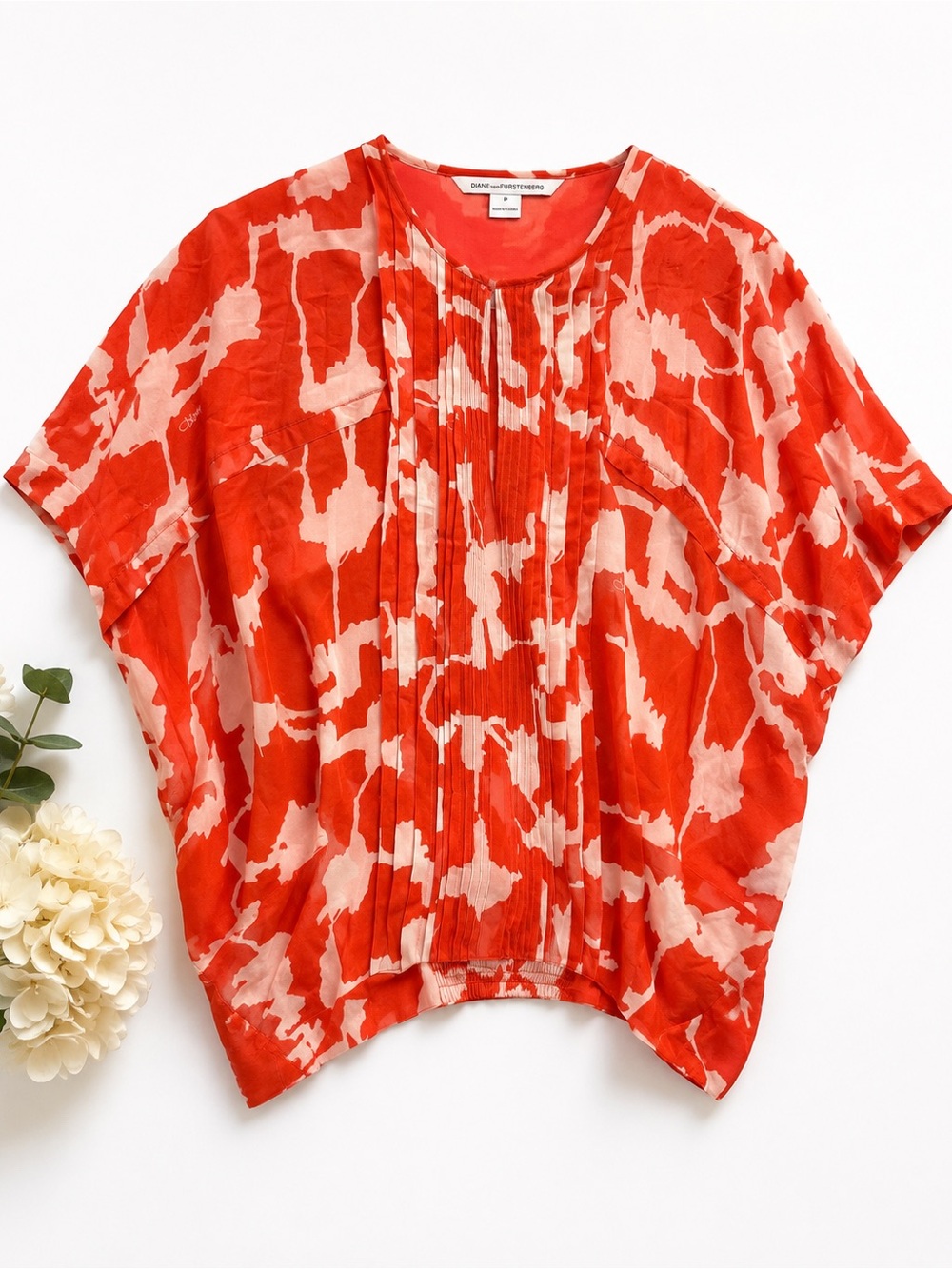 Diane Von Furstenberg Red and Cream Printed Pleated Blouse